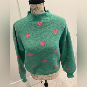 SHEIN Green Mock  Sweater with Pink Hearts